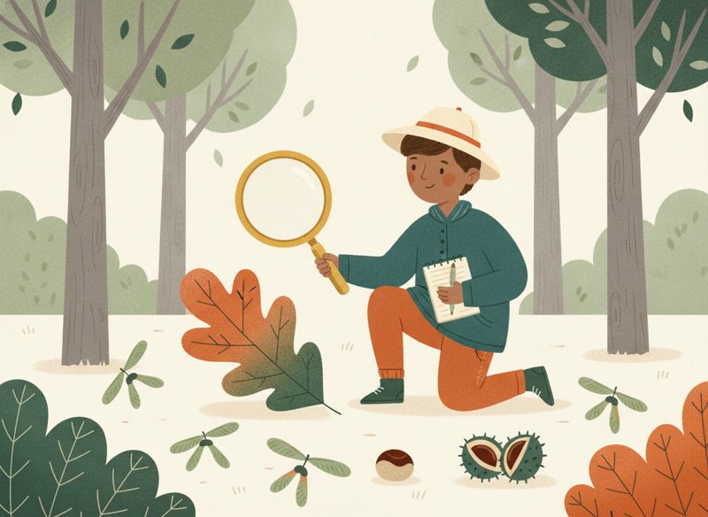Child with a magnifying glass looking at leaves